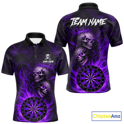 Personalized Purple Flaming Skull Darts Polo & 1/4 Zip For Men Custom Fire Darts Team Jersey TDM5807