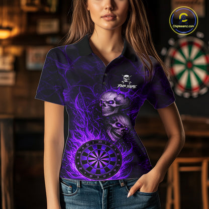 Personalized Purple Flaming Skull Darts Polo & 1/4 Zip For Women Custom Fire Darts Team Jersey TDM5807