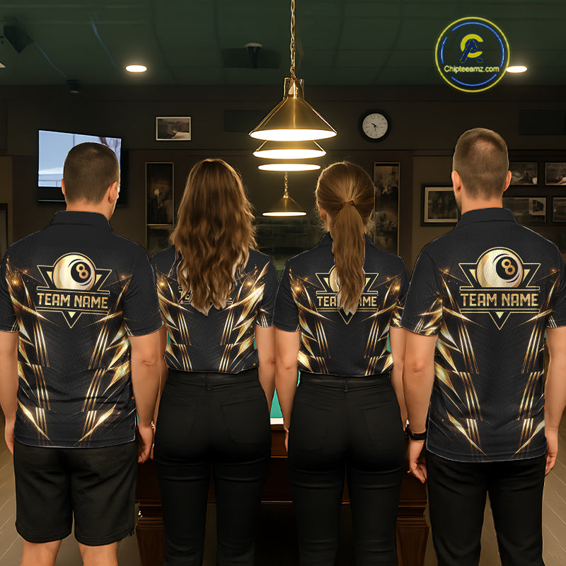 Black And Gold Lightning 8 Ball Pool Billiard Shirts For Men Custom Billiard Team League Jerseys NYN2920