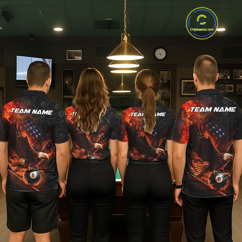Flaming US Flag Eagle 8 Ball Billiard Shirt For Men Custom Patriotic Pool Jersey Polo & 1/4 Zip TDM6411