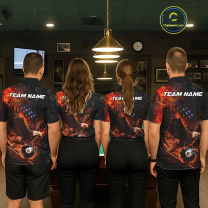 Flaming US Flag Eagle 8 Ball Billiard Shirt For Men Custom Patriotic Pool Jersey Polo & 1/4 Zip TDM6411