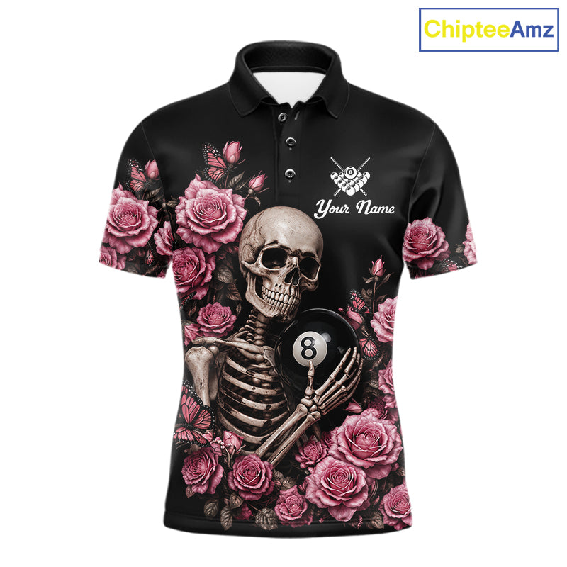Custom Pink 8 Ball Pool Roses and Skeleton Gothic Billiard Polo Shirt Featuring Stylish Floral Gothic Artwork for Pool League Players and Unique Gift Ideas
