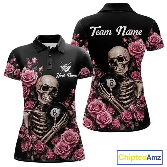Pink 8 Ball Pool Roses Skeleton Gothic Polo Shirt Designed for Personalized Billiard Team Jerseys with Premium Athletic Performance and Elegant Gothic Graphics