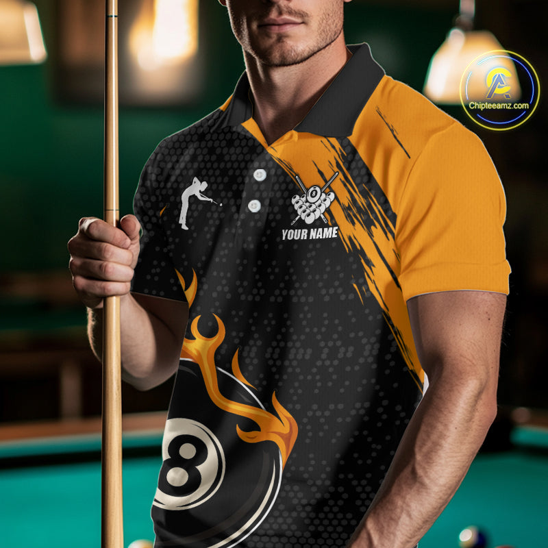 Black And Orange Flaming 8 Ball Billiard Shirt For Men Custom Pool Team Jersey Polo & 1/4 Zip TDM5317
