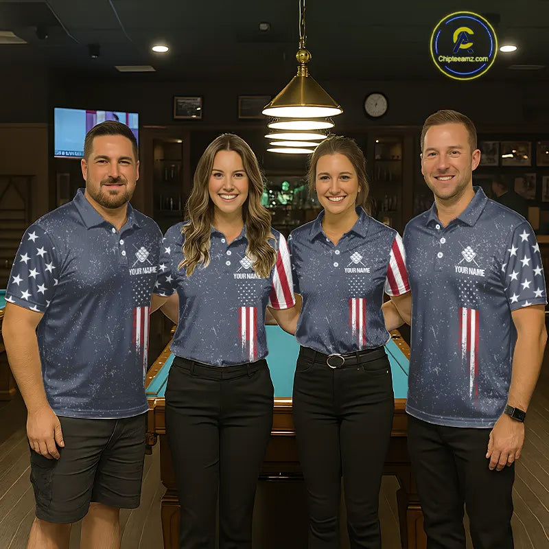 Grunge Navy American Flag 9 Ball Billiard Shirt For Women Custom Patriotic Billiard Shirt Pool Jersey TDM5578