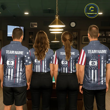 Grunge Navy American Flag 9 Ball Billiard Shirt For Women Custom Patriotic Billiard Shirt Pool Jersey TDM5578
