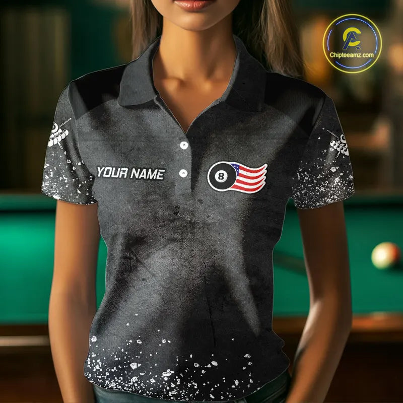 Personalized Billiard US Flag 8 Ball Pool Shirt For Women, Billiard Team Jersey Polo & 1/4 Zip TDM5579
