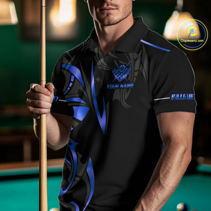 Custom Blue 8 Ball Pool Crown Billiard Shirts For Men, Billiard Team Jersey Polo & 1/4 Zip |Black TDM6192