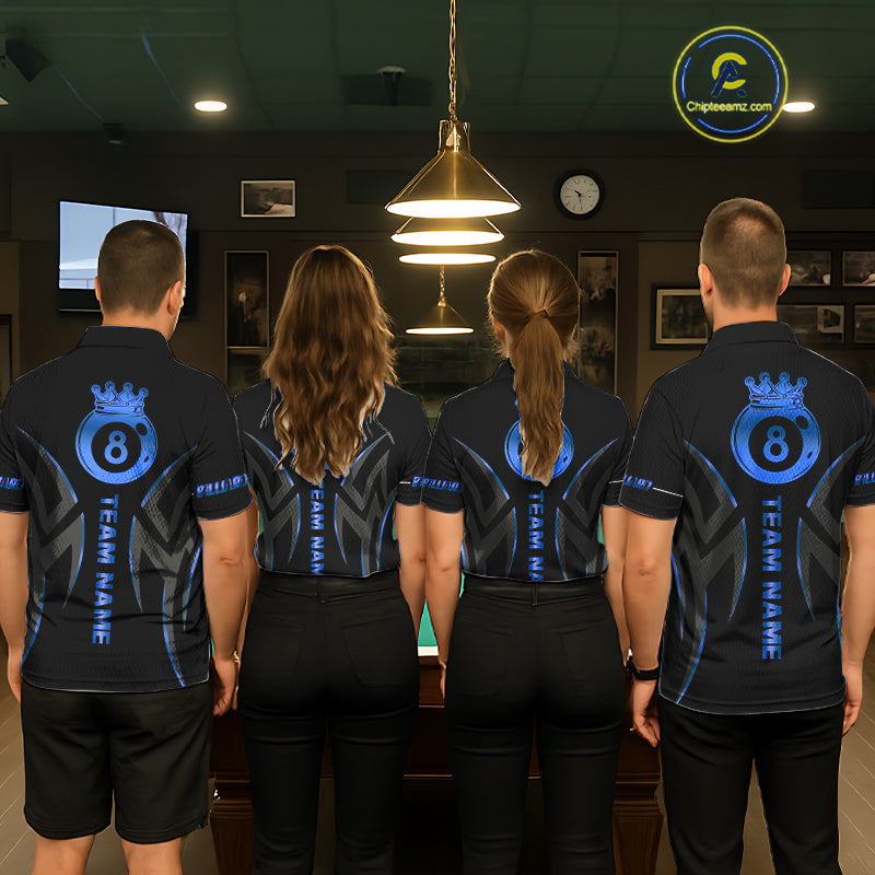 Custom Blue 8 Ball Pool Crown Billiard Shirts For Women, Billiard Team Jersey Polo & 1/4 Zip |Black TDM6192