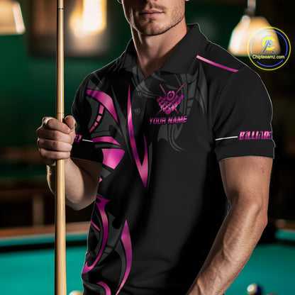 Custom Pink 8 Ball Pool Crown Billiard Shirts For Men, Billiard Team Jersey Polo & 1/4 Zip |Black TDM6193