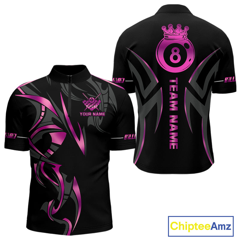 Custom Pink 8 Ball Pool Crown Billiard Shirts For Men, Billiard Team Jersey Polo & 1/4 Zip |Black TDM6193