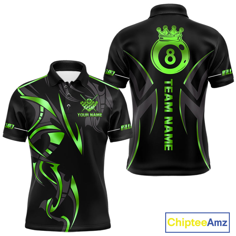 Custom Green 8 Ball Pool Crown Billiard Shirts For Men, Billiard Team Jersey Polo & 1/4 Zip |Black TDM6194