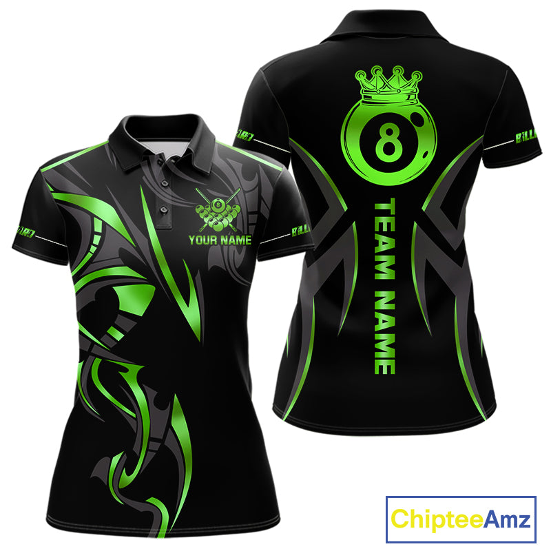 Custom Green 8 Ball Pool Crown Billiard Shirts For Women, Billiard Team Jersey Polo & 1/4 Zip |Black TDM6194