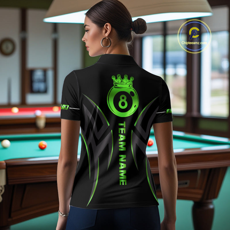 Custom Green 8 Ball Pool Crown Billiard Shirts For Women, Billiard Team Jersey Polo & 1/4 Zip |Black TDM6194