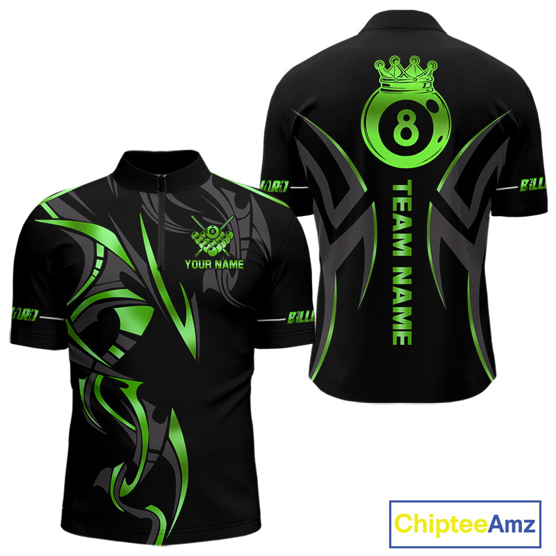 Custom Green 8 Ball Pool Crown Billiard Shirts For Men, Billiard Team Jersey Polo & 1/4 Zip |Black TDM6194