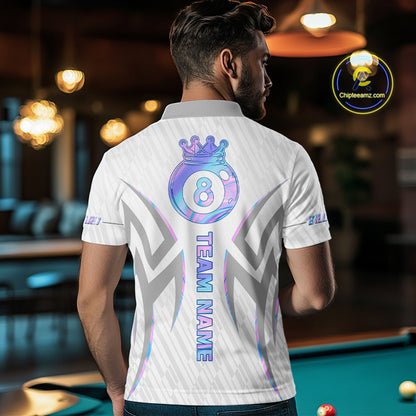 Custom Holographic 8 Ball Crown Billiard Shirts For Men, Pool Team Jersey Polo & 1/4 Zip |White TDM6195