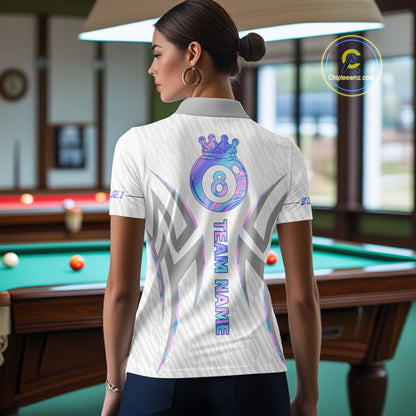 Custom Holographic 8 Ball Crown Billiard Shirts For Women, Pool Team Jersey Polo & 1/4 Zip |White TDM6195