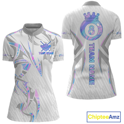 Custom Holographic 8 Ball Crown Billiard Shirts For Women, Pool Team Jersey Polo & 1/4 Zip |White TDM6195