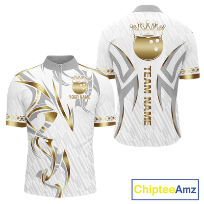 Custom Gold Bowling Ball Crown Bowling Shirt For Men, Bowling Team Jersey Polo & 1/4 Zip |White TDM6197