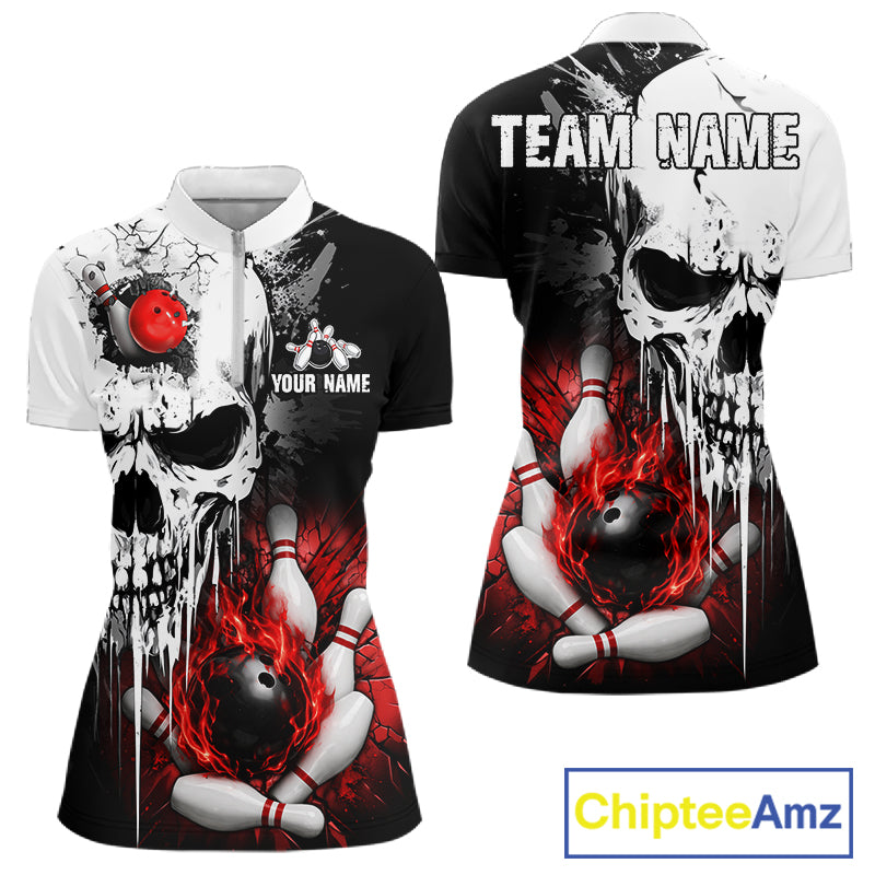 Personalized Red Grunge Skull Bowling Shirt For Women, Bowling League Team Jersey Polo & 1/4 Zip TDM6418