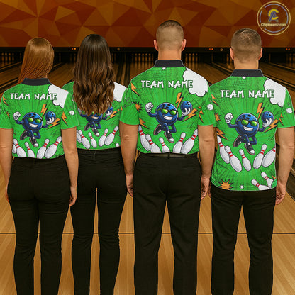 Green Funny Bowling Ball Jersey For Men Custom Bowling Team Shirt, Bowling Uniform Polo & 1/4 Zip TDM6422