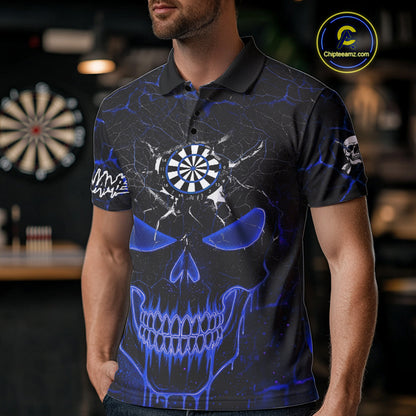 Personalized Skull Cracks Pattern Blue Darts Shirt For Men, Darts League Jersey Polo & 1/4 Zip TDM5105