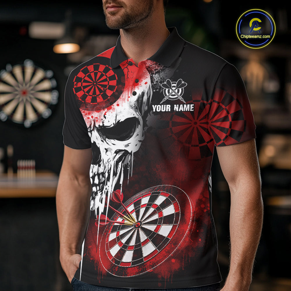 Personalized Red Grunge Skull Darts Shirt For Men Custom Darts Jersey Team Polo & Quarter Zip TDM6430