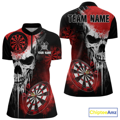 Personalized Red Grunge Skull Darts Shirt For Women Custom Darts Jersey Team Polo & Quarter Zip TDM6430