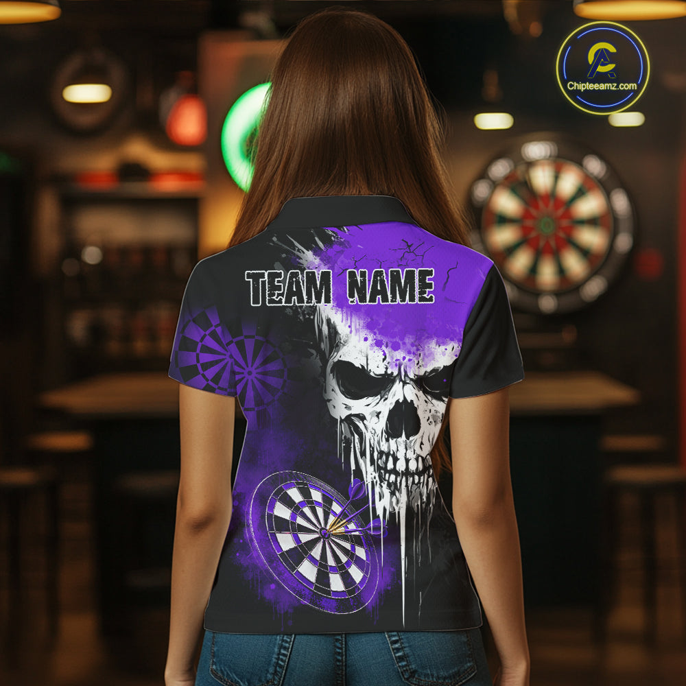 Personalized Purple Grunge Skull Darts Shirt For Women Custom Darts Jersey Team Polo & 1/4 Zip TDM6431
