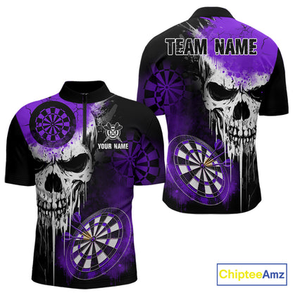Personalized Purple Grunge Skull Darts Shirt For Men Custom Darts Jersey Team Polo & 1/4 Zip TDM6431