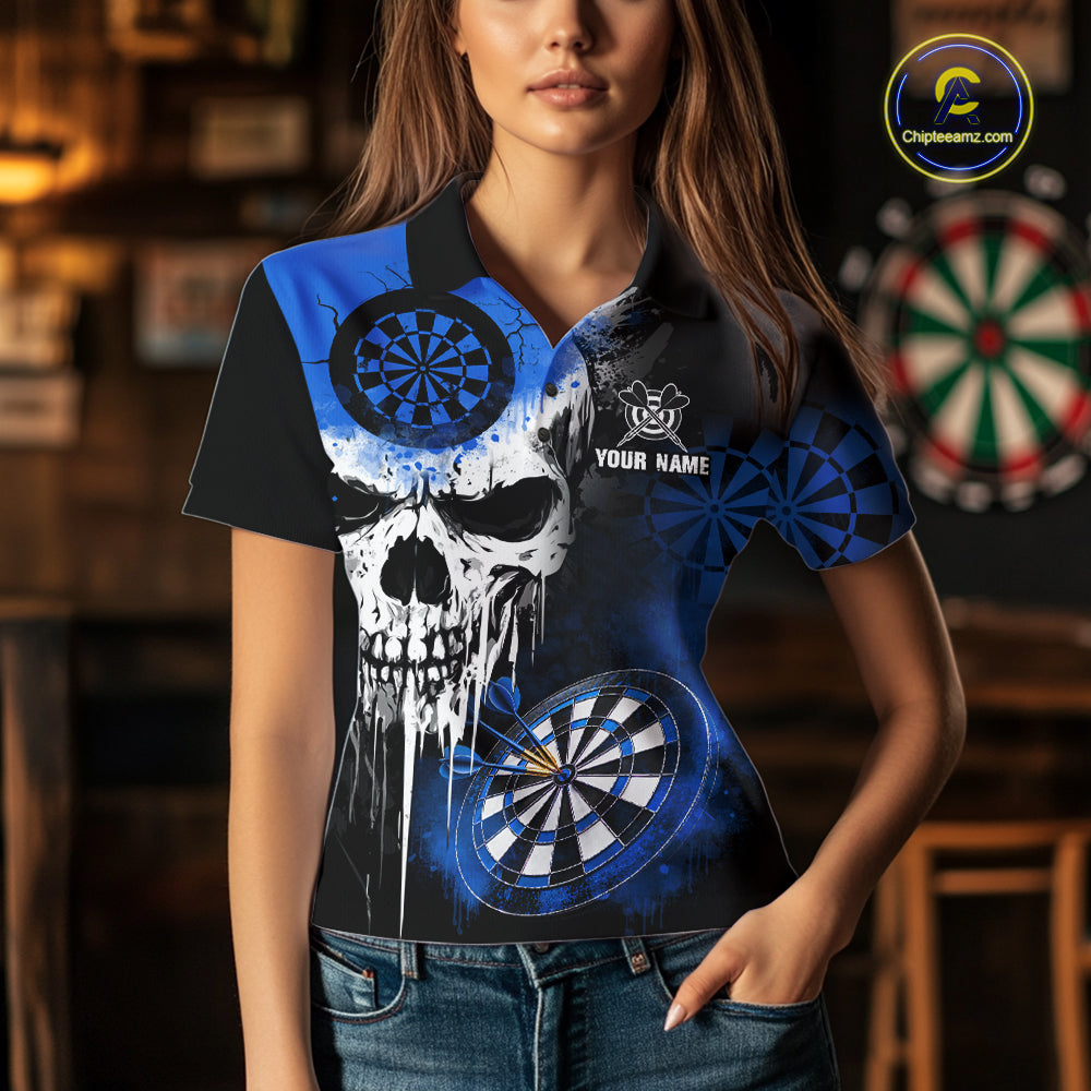 Personalized Blue Grunge Skull Darts Shirt For Women Custom Darts Jersey Team Polo & 1/4 Zip TDM6432