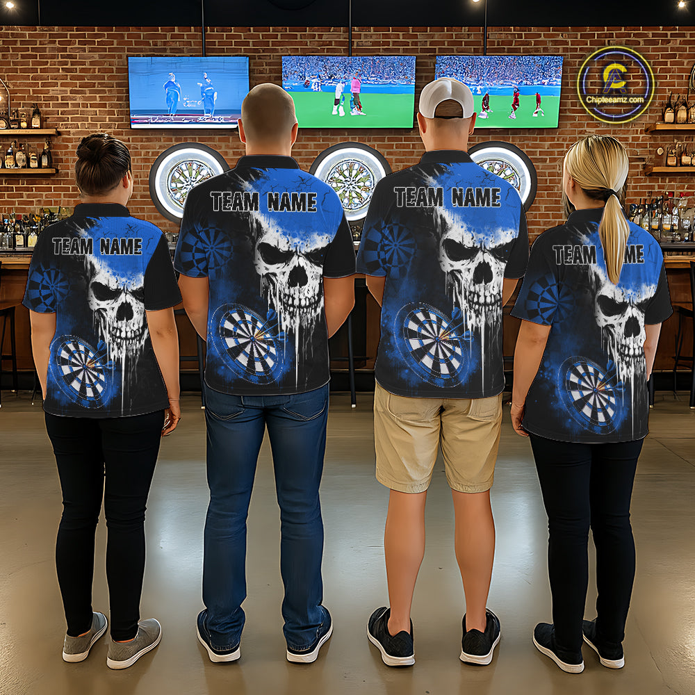Personalized Blue Grunge Skull Darts Shirt For Men Custom Darts Jersey Team Polo & 1/4 Zip TDM6432