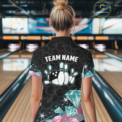 Funny Pink And Turquoise Diamonds Bowling Shirt For Women, Custom Bowling Team Jersey Polo & 1/4 Zip TDM6627