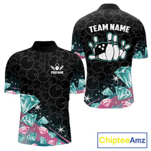 Load image into Gallery viewer, Men's bowling quarter zip shirt with pink and turquoise diamond graphics, featuring customizable player name and team name text.