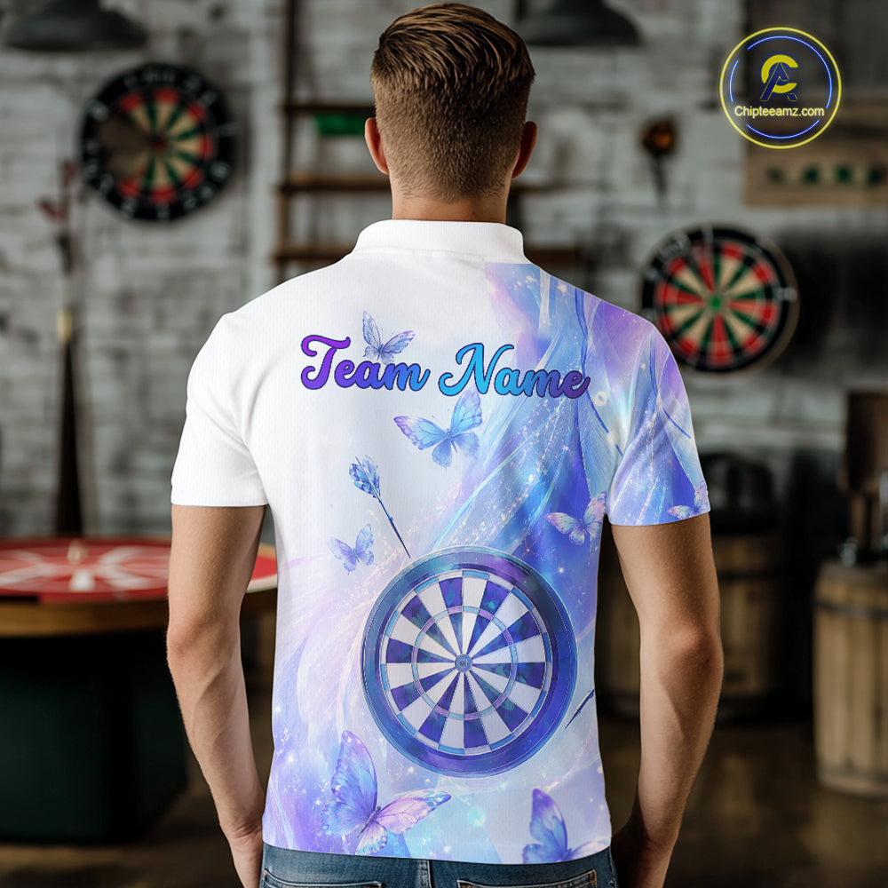 Person wearing a shirt with a dartboard design and 'Team Name' text in a room with dartboards.