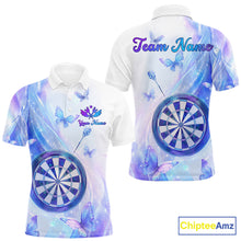 Load image into Gallery viewer, Polo shirt with butterfly and dart design on a pastel background, featuring customizable "Your Name" and "Team Name" 