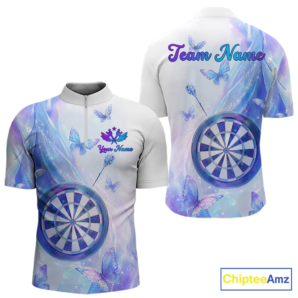 Quarter zip shirt with butterfly and dart design on a pastel background, featuring customizable "Your Name" and "Team Name" 