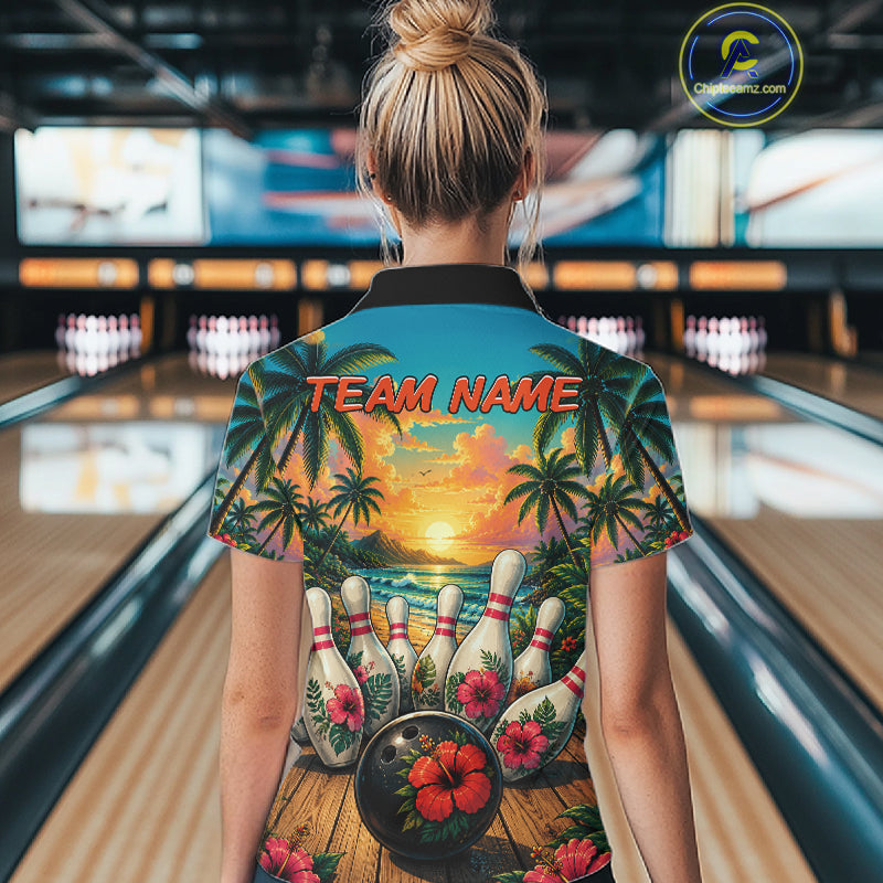 Personalized Hibiscus Summer Bowling Jersey, Ocean Scene Bowling Shirts Polo & Quarter Zip For Women TDM6635