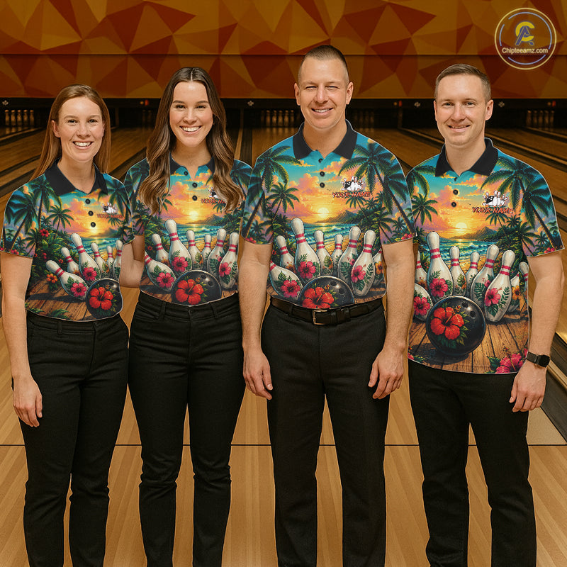 Personalized Hibiscus Summer Bowling Jersey, Ocean Scene Bowling Shirts Polo & Quarter Zip For Women TDM6635