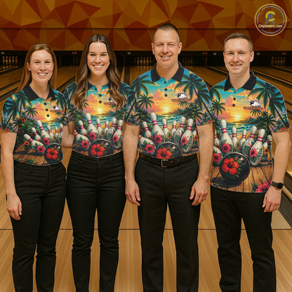 Personalized Hibiscus Summer Bowling Jersey, Ocean Scene Bowling Shirts Polo & Quarter Zip For Women TDM6635