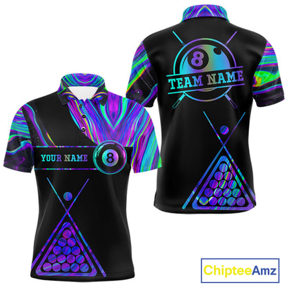 Neon purple blue 8 ball tie dye custom billiard polo shirt for men, pool team jersey and tournament apparel.