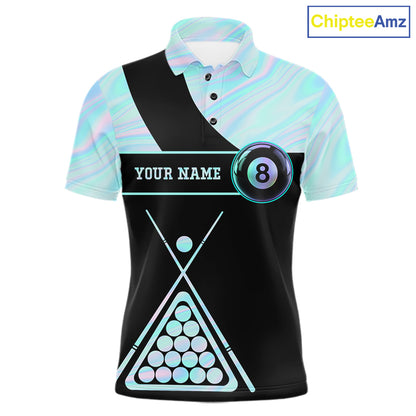 Neon Holographic Blue 8 Ball Pool Tie Dye Billiard Polo Shirt for Men Featuring Vibrant Holographic Tie Dye Artwork for Pool League Players, Team Competition, and Tournament Events