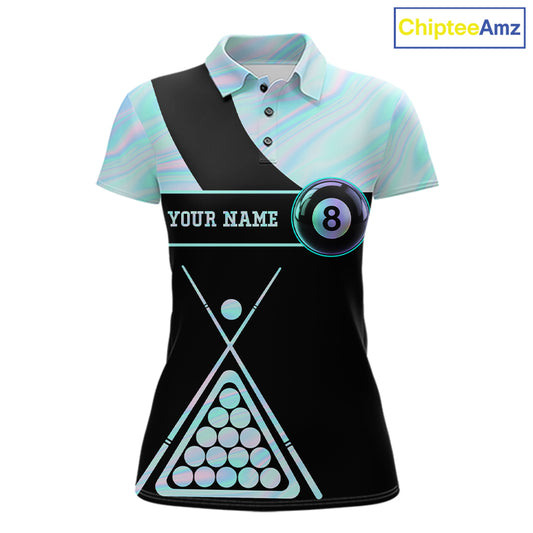 Neon Holographic Blue 8 Ball Pool Tie Dye Billiard Polo Shirt for Women Featuring Vibrant Holographic Tie Dye Artwork for Pool League Players, Team Competition, and Tournament Events