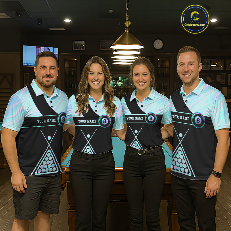 Pool Team Wearing Neon Holographic Blue 8 Ball Pool Tie Dye Billiard Jerseys During League Competition and Tournament Matches, Front View
