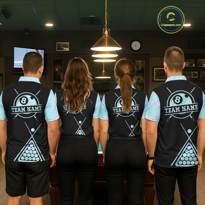 Pool Team Wearing Neon Holographic Blue 8 Ball Pool Tie Dye Custom Billiard Team Jerseys Featuring the Complete Back Artwork, Back View
