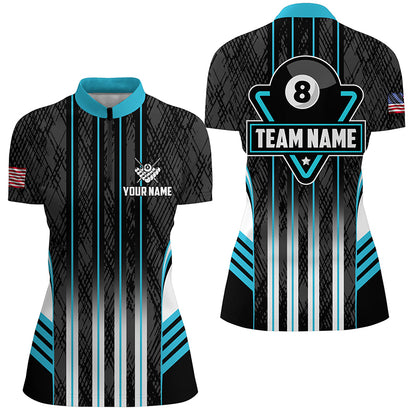 Personalized Blue 8 Ball Pool Billiard Jerseys For Women, Billiard League Team Polo & 1/4 Zip Shirts TDM2863