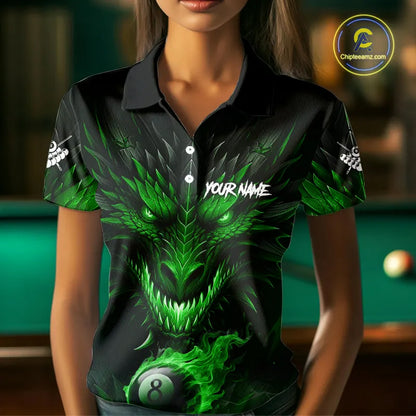 Personalized Dragon 8 Ball Fire Flame 3D Billiard Shirt For Women, Billiard League Team Jersey|Green TDM5594