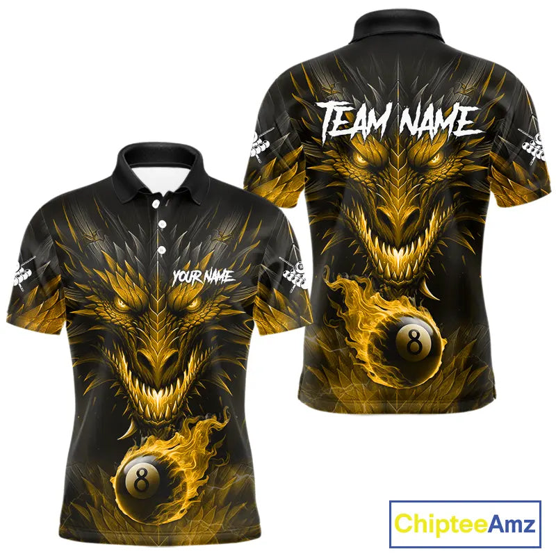 Personalized Dragon 8 Ball Fire Flame 3D Billiard Shirt For Men, Billiard League Team Jersey|Yellow TDM5595