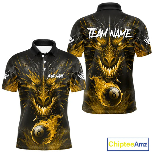 Personalized Dragon 8 Ball Fire Flame 3D Billiard Shirt For Men, Billiard League Team Jersey|Yellow TDM5595