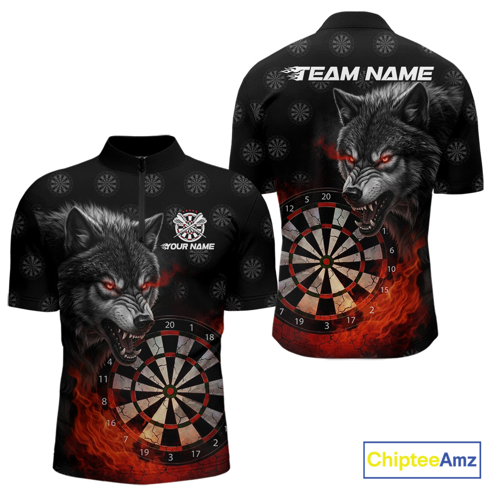 Black And Red Flaming Wolf Darts Polo & Quarter Zip For Men Custom Darts Team Jersey TDM5830